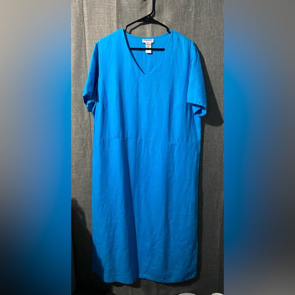 Vtg Bridgewater Studio sz 16W Short Sleeve V Neck Linen Maxi Dress Blue